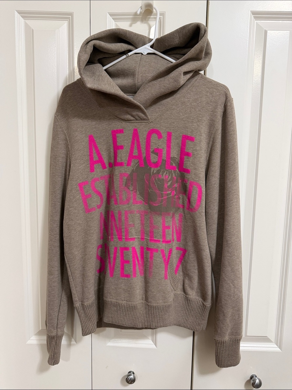 Taupe Hoodie Sweater with Pink Logo Size XL womens